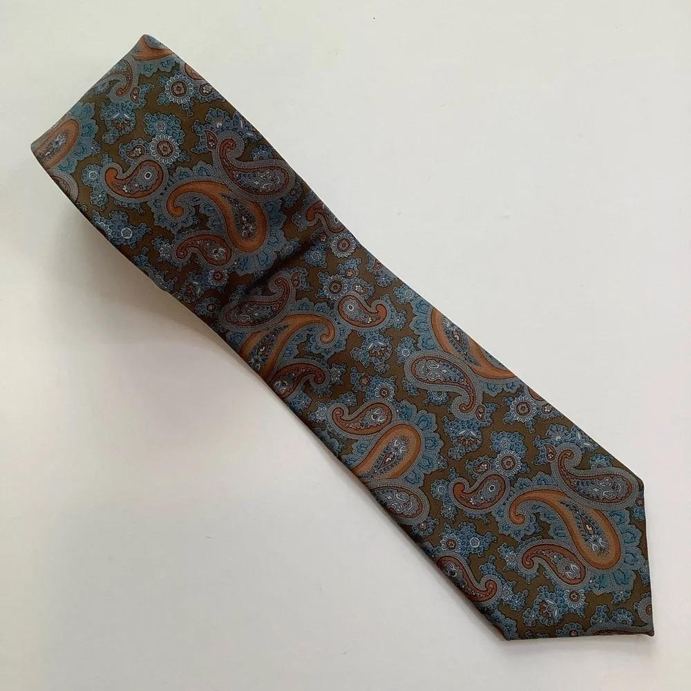 Mr Big 'n Tall Long Woven Silk Tie Brown Orange Slate Blue Paisley 63" - Picture 10 of 11